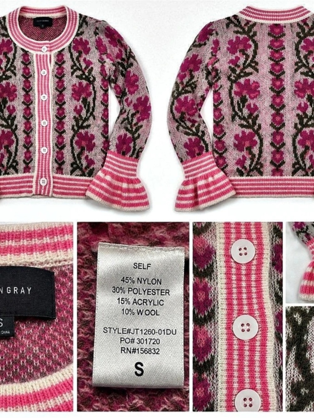 Hudson Gray Women’s S Pink Floral Cardigan Sweater Wool Blend Bell Sleeve
